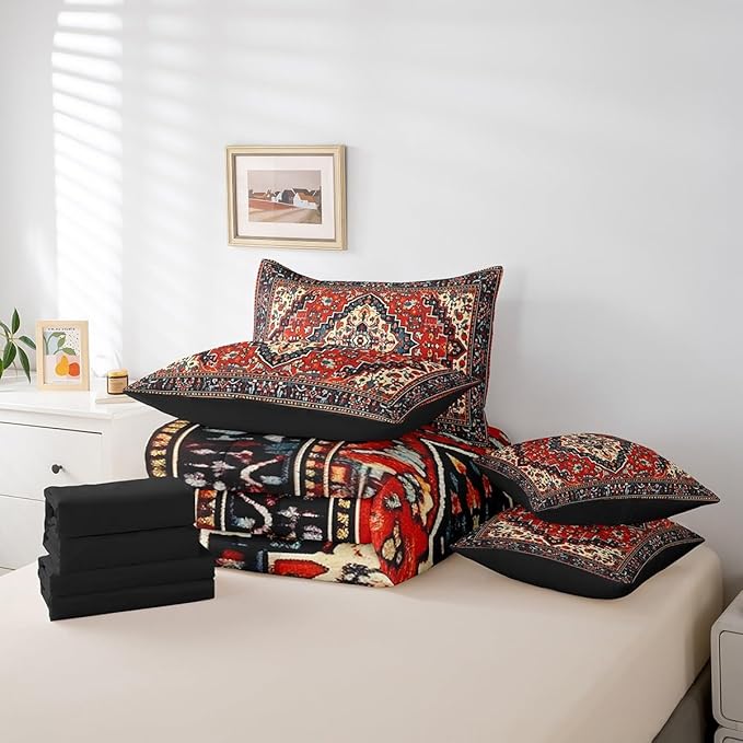 Red Vintage Bedding Comforter Sets Art Deco Bed in a Bag, Oriental Bedding Queen Size 7pcs Retro Traditional Comforter Set, Boho Aesthetic Bedding Accessories Hippie Paisley Bedroom Decor Microfiber