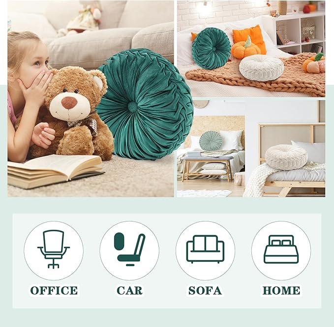 3 Pcs Round Throw Pillows Decorative Velvet Pleated Throw Pillows 15'' Diameter Accent Pumpkin Boho Chair Cushion for Couch Sofa Chair Bed Home Decoration (White,Light Green,Green)