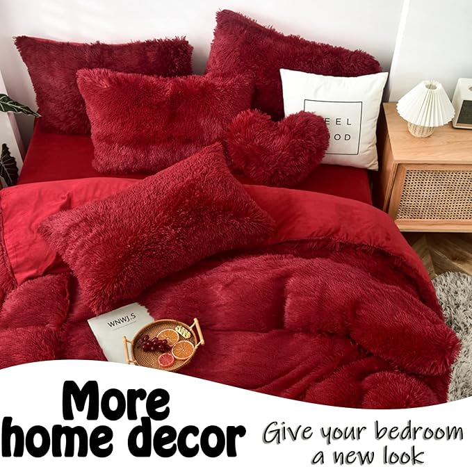 MorroMorn Fluffy Heart Throw Pillows, Shaggy Decorative Pillow for Sofa Couch Bed, Cute Room Decor Decorations for Women Girls Kids (Dark Red)