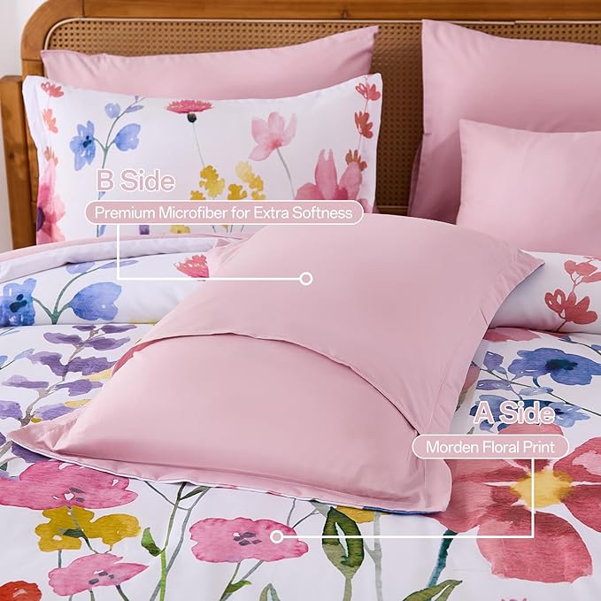 Annibedding Pink Floral King Size Comforter Set, 8 Piece Soft Microfiber Flower Bed in a Bag Bedding Set with Pillowcase and Sheets for All Season (Pink,90"x104")