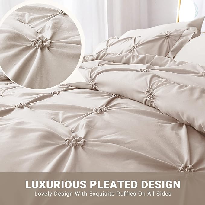 JOLLYVOGUE King Size Comforter Set 7 Pieces, Beige Bed in a Bag Comforter Set for Bedroom, Beddding Sets with Comforter, Sheets,Ruffled Shams & Pillowcases