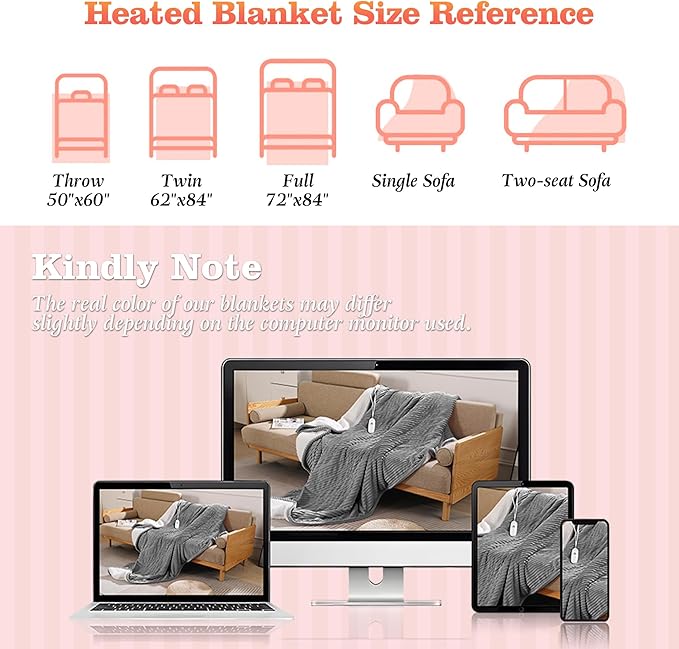 Heated Blanket Full Size Electric Blankets - Ultra Soft Warming Blanket for Bed with Fast Heating and Overheat Protection, 5 Heat Settings & 10hr Auto-off, Washable Heated Blanket FCC Certified (Grey)