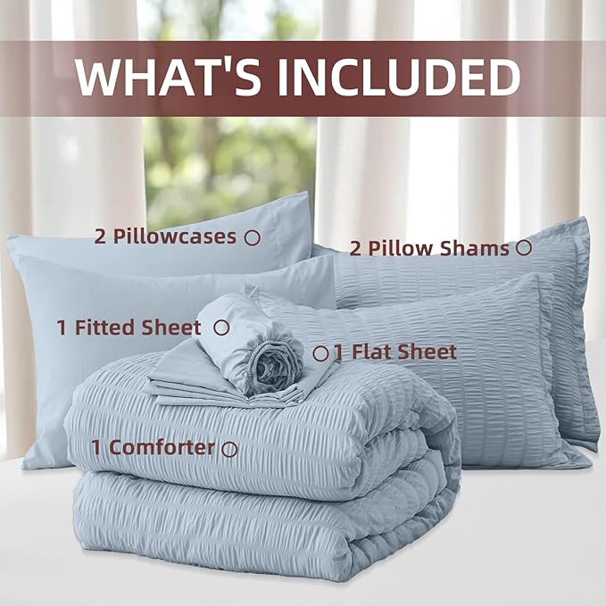 FUANNA Queen Comforter Set 7 Pieces, Luxury Seersucker Bed in a Bag Queen Size for All Seasons, Soft Bedding Set with Comforter, Flat Sheet, Fitted Sheet, Pillowcases & Shams for Bedroom, Grayish Blue