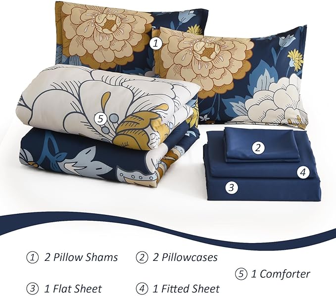 DJY Floral Comforter Set Queen Size Navy Blue Bed in a Bag 7 Pieces Botanical Boho Comforter with Sheet Set, Soft Microfiber Farmhouse Bedding Set for All Season (Navy, 90''x90'')