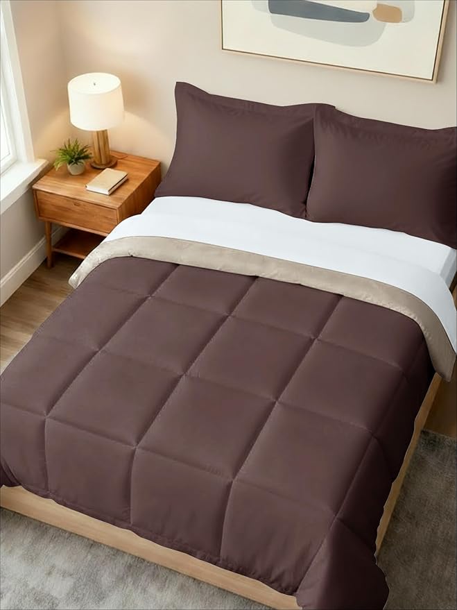 Queen Comforter Set - 3 Piece Bed Set for All Seasons - 1 Soft Quilted Comforter w/ Corner Tabs & 2 Pillow Shams - Comfy & Breathable - Premium Down Duvet Insert - Oeko-TEX - Queen Size, Brown/Beige