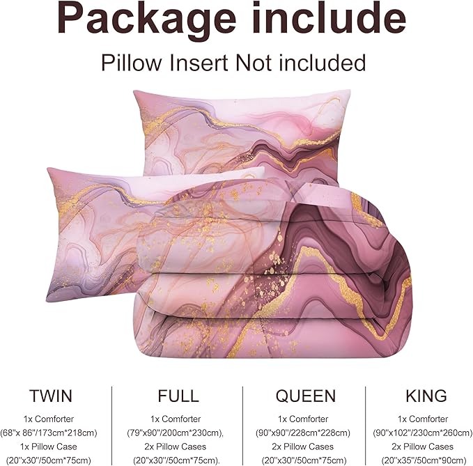 Queen Pink Marble Comforter Set for Girls Kids and Women Pink and Gold Marble Bedding Set for All Seasons Aesthetic Tie Dye Comforter for Girls Bed with 1 Quilt and 2 Pillowcases
