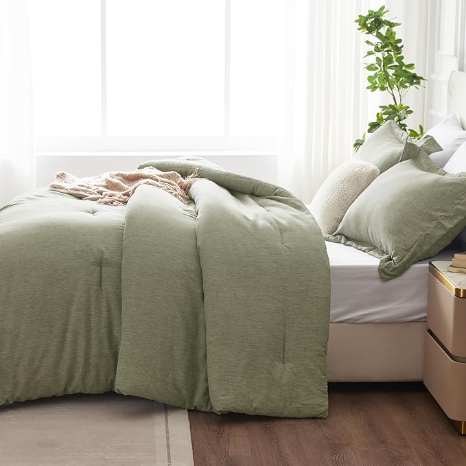 CozyLux Queen Size Comforter Set - 3 Pieces Olive Green Soft Luxury Cationic Dyeing Bedding Comforter for All Season, Breathable Lightweight Fluffy Boho Bed Sets with 1 Comforter and 2 Pillow Shams