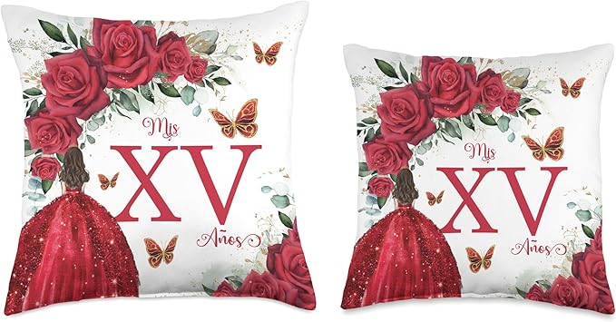 Red Roses Floral Quinceañera Mis XV Años Throw Pillow