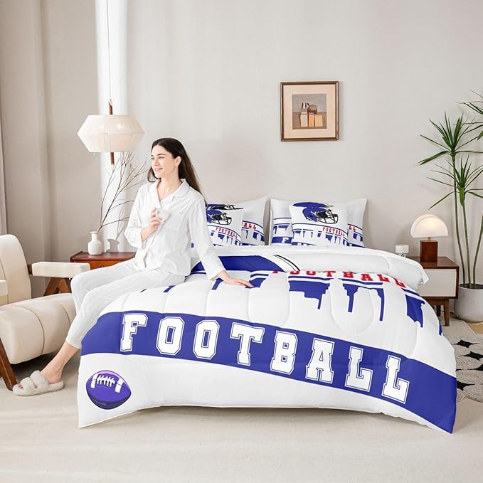 Erosebridal Football 7 Pcs Comforter Set King Football City Bedding for Kids Blue Grey Football Fans Sheet Set Bed in A Bag Rugby Game Bedroom Decor Sports Ball Competition Bed Set