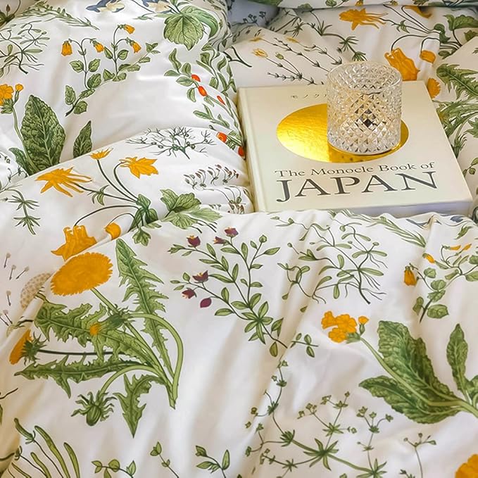 CLOTHKNOW Green White Floral Queen Comforter Set 3Pcs Boho Bedding Comforter Sets All Season Farmhouse Comforter Botanical Comforter with 2 x Pillow Cases