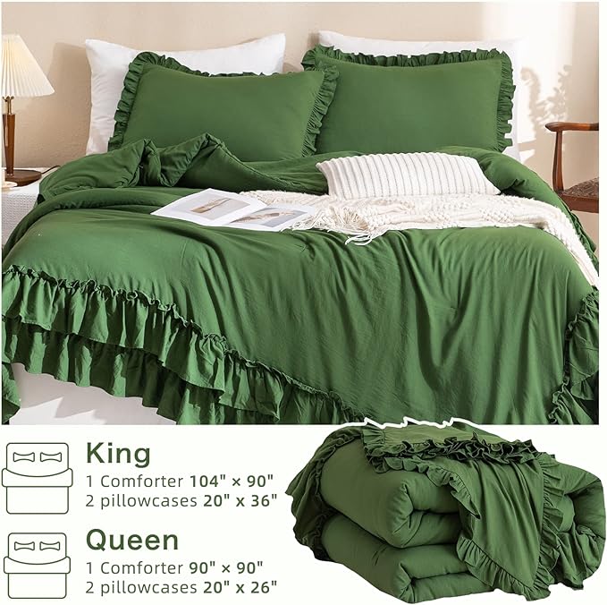 Masaca Olive Green Comforter Set Queen,Farmhouse Bedding Queen Size Comforter Set with Ruffle,Shabby Boho Chic French Country Dark Green Bedding Sets 3 Pieces