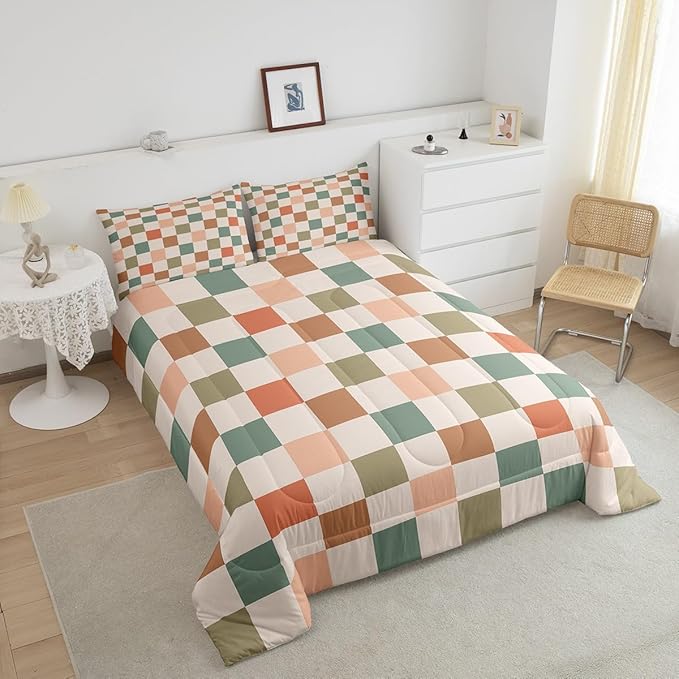 Feelyou Multicolored Checkered Retro Bedding Set Kids Boys Girls Geometric Vintage Comforter Set Toddler Size Ivory White Colorful Duvet Insert Modern Simple Groovy Aesthetic Room Decor