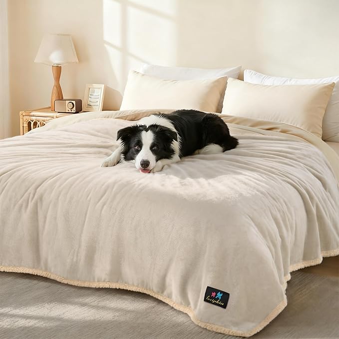 Luciphia Waterproof Pet Blankets, Liquid Pee Proof Dog Blanket for Sofa Bed Couch, Reversible Sherpa Fleece Furniture Protector Cover for Small Medium Large Dogs Cats, Dark Beige King Size(100" x 85")