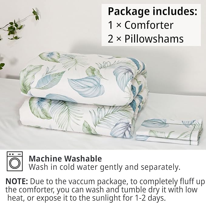 Botanical Cotton Comforter King Size - Sage Green Comforter Printed with Leaves & Ferns on White,Reversible Light-Weight Bedding Sets 3Pcs(Leaves,104"×90")