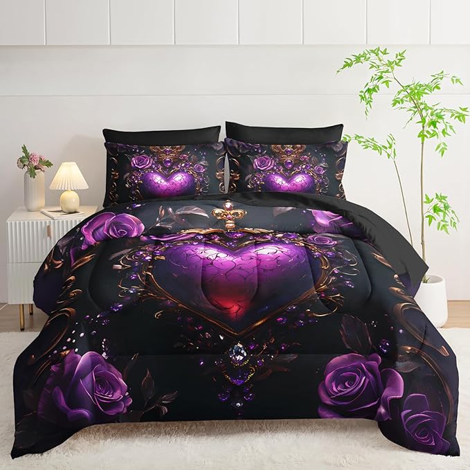 7 Piece Heart Comforter Set Full Purple,Flower Heart Pattern Full Bedding Set,(1 Comforter, 1 Flat Sheet, 1 Fitted Sheet, 2 Pillowcase and 2 Pillow Sham)