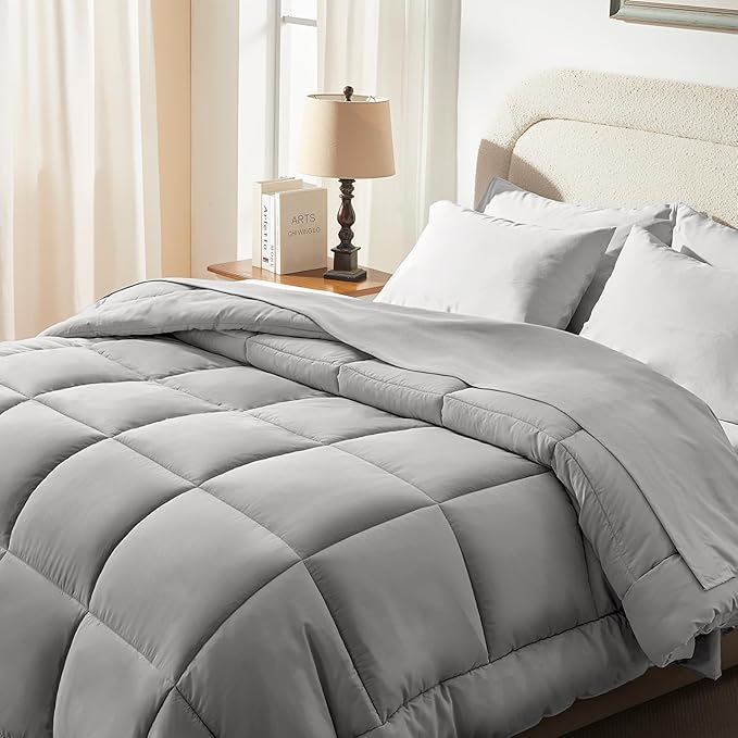 SunStyle Home Light Grey Full/Queen Comforter Set - 7 Pieces Bed in a Bag, Lightweight Goose Down Alternative Bedding Sets with All Season Comforter, 1 Flat Sheet, 1 Fitted Sheet, 4 Pillowcases