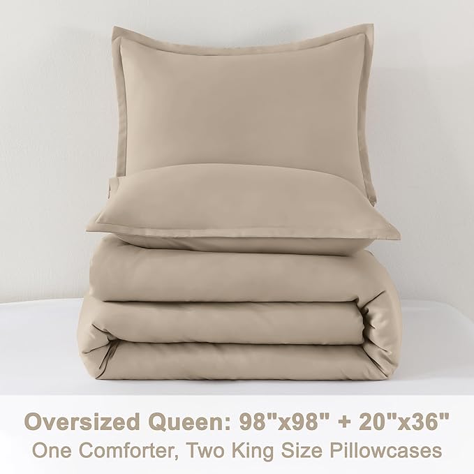 Litanika Comforters Khaki Oversized Queen Size, 3 Pieces Lightweight Solid Bedding Comforter Set, All Season Fluffy Bed Set (98x98In Comforter & 2 Pillowcases)