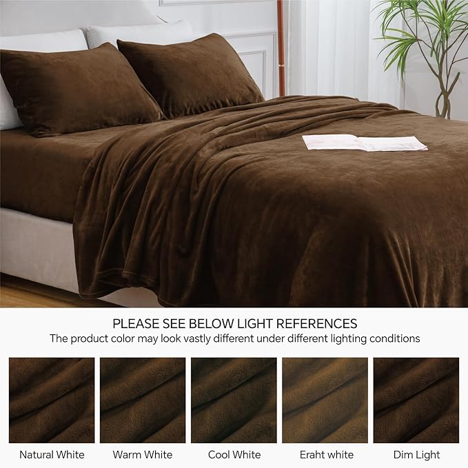 BEDELITE Flannel Sheets Queen Size Brown - Super Soft Fleece Sheets Set Fluffy Extra Plush, 4 Piece(Include Fitted Sheet, Flat Sheet, 2 Pillowcases)