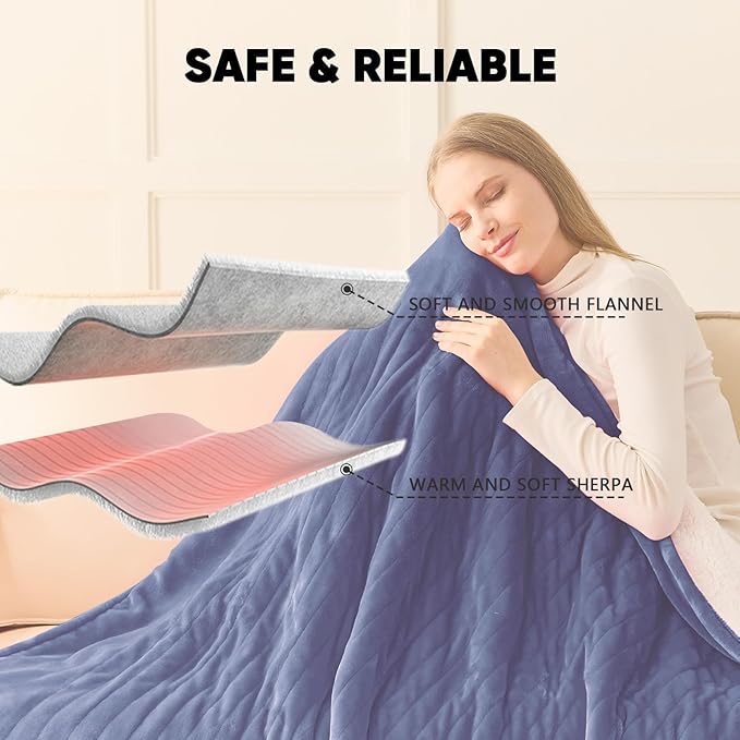 greenoak Heated Blanket Electric Queen Size 84"X90" Dual Control, Heating Blanket with 10 Heat Levels 1/2/4/6/8 Hours Auto-Off, Sherpa Soft Warm Christmas Blanket, Sea Blue