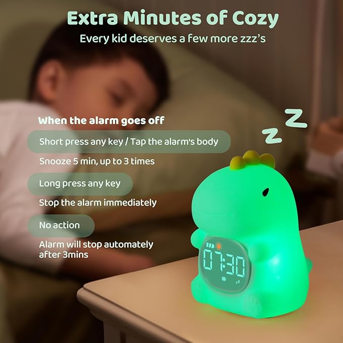Dinosaurs Alarm Clock with Night Light for Kids with Sleep Training and Sound Machine, Rechargeable Silicone Lamp OK to Wake Clock,Cute Animal Tabletop Lamp, Perfect Sleep Companion for Boys Girls