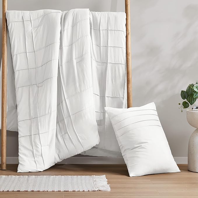 Comfort Spaces White Twin Size Comforter Set - 2 Pieces Pintuck Pleated Bedding Sets, All Season Lightweight, Extra Softness Pre-Washed Microfiber Bed Set, Shams