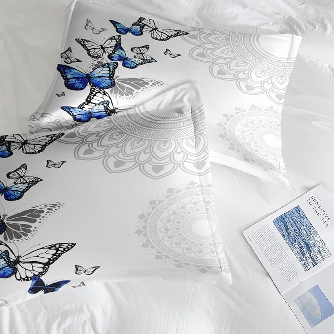 Comforter Set Full Size, Summer Spring Blue Butterfly 7 Pcs Bedding for Kids and Adults, Abstract Mandala Floral Bed Sheet Sets with Fitted Sheet 2 Pillowcases & 2 Shams for Bedroom Bed Decor