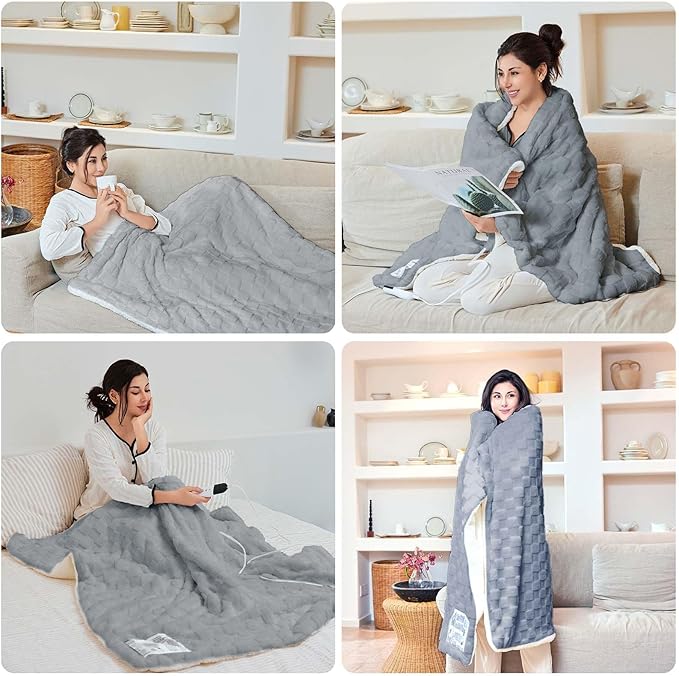 Electric Blanket Throw - Soft Checked Flannel with 6 Heating Levels, 4 Hours Auto-Off, Fast Heating, ETL & FCC Certified, 50"x60", Overheating Protection, Cozy Heated Blanket Throw(Gray)