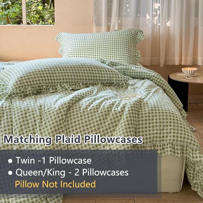 NSNLGSGC Sage Green Ruffle Gingham Comforter Set King, Pre-Washed Ruffled Plaid Checked Comforter Bedding, 3 Pieces Vintage Farmhouse Grid Bedding Set(Green Gingham, King)