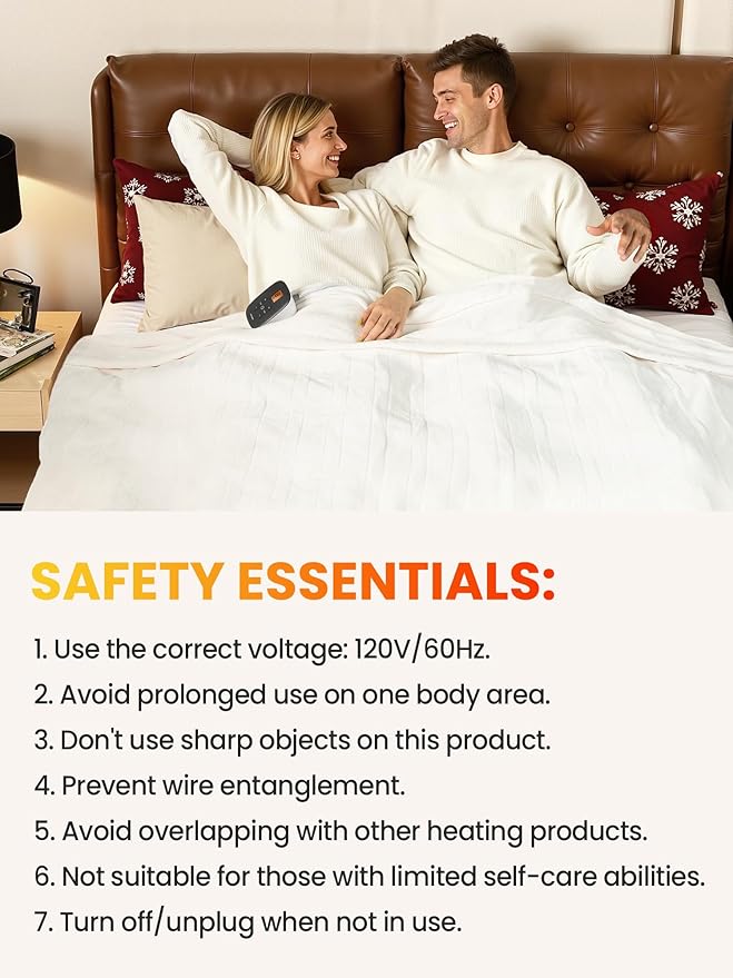 WOOMER Heated Blanket Twin Size 62" x 84", Electric Blanket with 0.5-12 Hours Timer & 10 Heating Levels, ETL Certified, White Double-Sided Velvet, Over-Heat Protect, Machine Washable