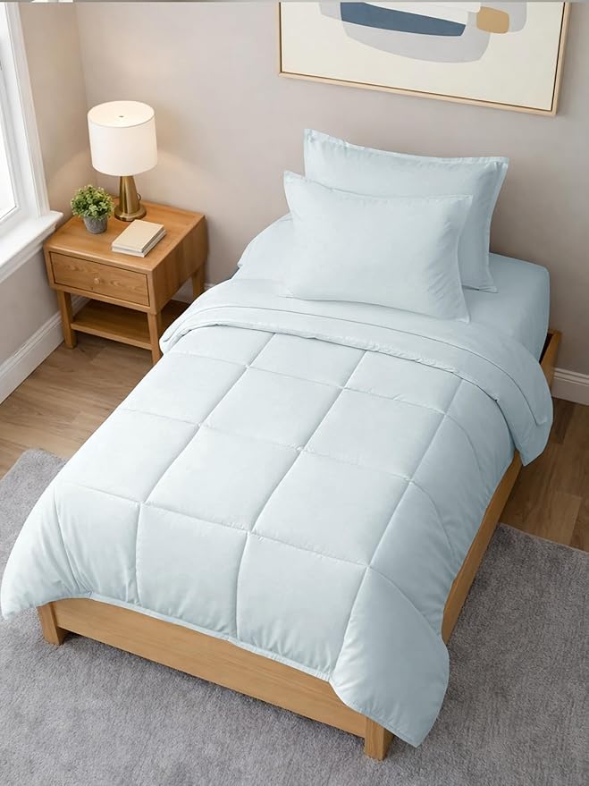 Twin XL Comforter Set - 5 Piece Bed in a Bag Twin XL Size Bed Set - Down Alternative Comforter, Flat Sheet, Fitted Sheet, Pillowcase & Sham for All Seasons - Ultra Soft, Comfy, Breathable - Ice Blue