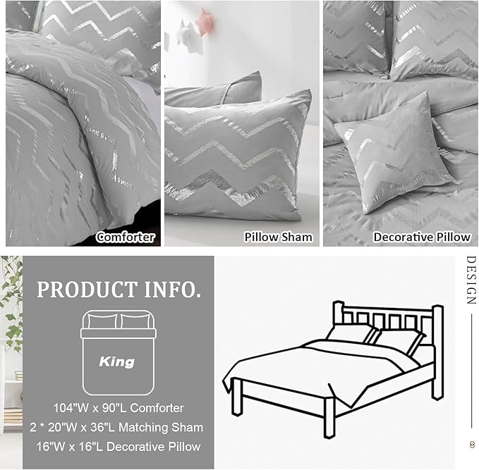 Menghomeus Grey and Silver Comforter Set King Metallic Print Geometric Bed Comforter 4 Piece Soft Microfiber Bedding for Teen Girls Boys Women (2 Pillow Shams + 1 Decorative Pillow Sham)