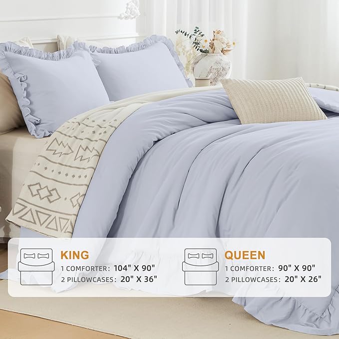 CozyTide Cotton King Comforter Set,Farmhouse Cornflower Blue Shabby Ruffle Bedding Comforter Lightweight Ultra Soft Vintage Ruffled Rustic Bedding for All Season