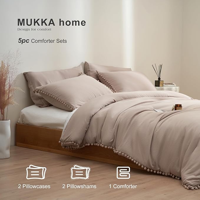 MUKKA King Comforter Set 5-Piece Comforter Set King Size Khaki, Boho Pom Pom Fringe Comforter Set King Size Tan, Bedding Comforter Set Taupe with 2 Pillowcases,2 Pillowshams