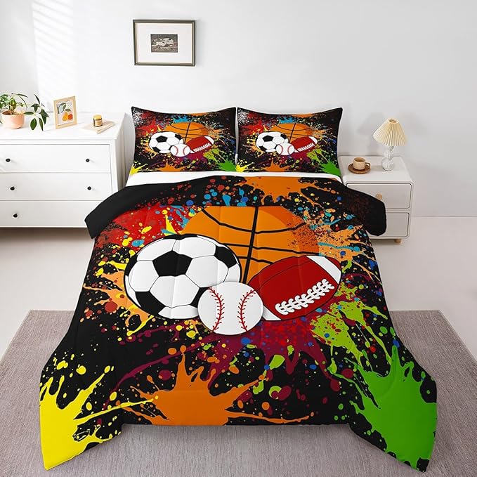 Feelyou Rugby Sports Comforter Set Queen Size Baseball Comforter for Boys Girls Teens Basketball Bedding Set Football Duvet Set Room Decor Multiful Mixed Ball Quilt Set