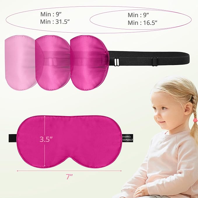Kids Sleep Mask Eye Cover, 100% Real Natural Pure Silk Eye Mask with Adjustable Strap, Blindfold Kids Eye Mask for Sleeping, Eye Shade for Boys Girls and Adult, Pressure-Free Comfort (Rose red)