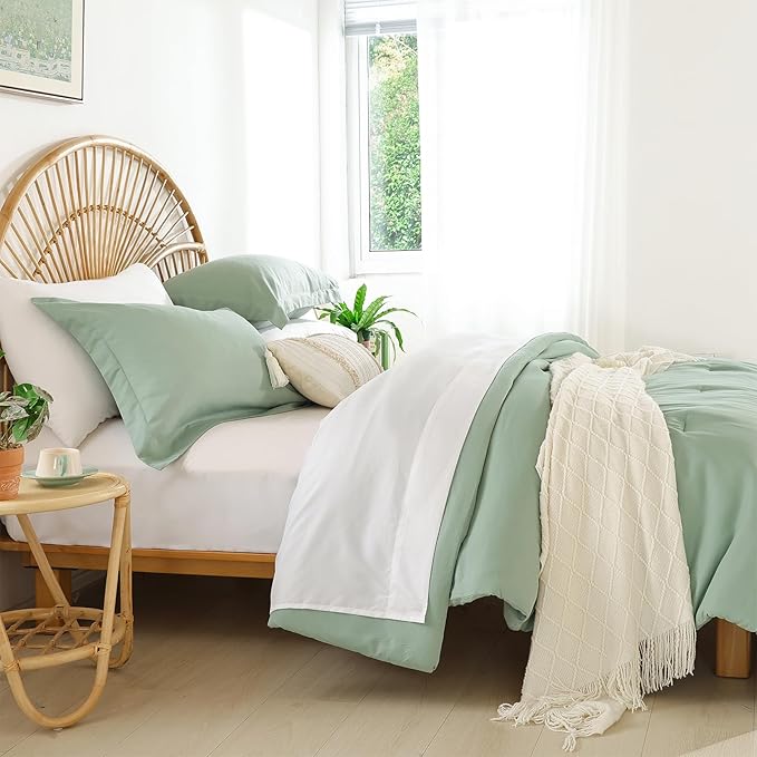 weigelia King Size Comforter Set Boho Sage Green Comforter Set Bed in a Bag Bedding Set 7 Pieces King Comforter Set with Sheets - Reversible Soft Microfiber Comforter for All Season