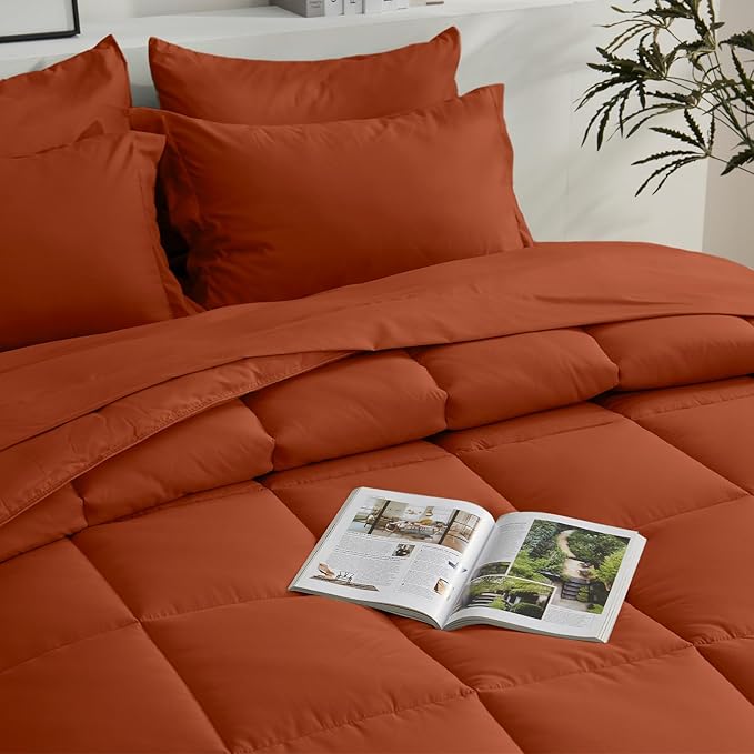 COZYART Full Comforter Set 7 Pcs, Burnt Orange Bed in a Bag, All Season Lightweight Soft Reversible Bedding Sets, 1 Comforter, 1 Flat Sheet, 1 Fitted Sheet, 2 Pillow Shams, 2 Pillowcases