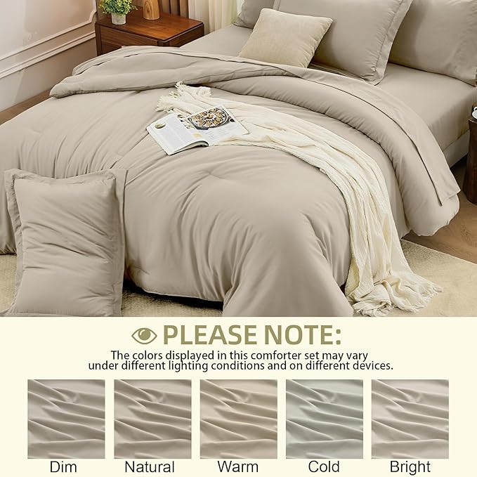 FUANNA Full Size Comforter Sets Oatmeal, 7 Pieces Soft Bed in a Bag Full, All Season Lightweight Bed Sets with Comforter, Flat Sheet, Fitted Sheet, Pillowcases & Shams