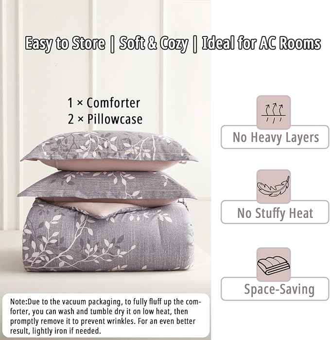 Vintage Gray Cotton Comforter King Size 3Pcs - Luxurious Design with White & Charcoal Branches Pattern, Elegant Dusty Pink Reversible Lightweight Bedding Sets with Soft Fill(104"×90")