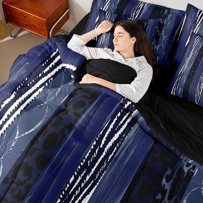 Erosebridal White Dark Blue Stripe Leopard Print King 7-Piece Comforter Set | Cheetah Fur Geometric Sheets and Pillowcases Women Men Adults Bed in A Bag Animal Skin Pattern Bed Sets