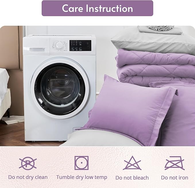 MUXHOMO 7 Pieces Queen Comforter Set, Reversible Bed in a Bag Queen Size, All Season Bedding Set with Comforter, Flat Sheet, Fitted Sheet, Pillowcases & Shams, Greyish Purple & Light Grey