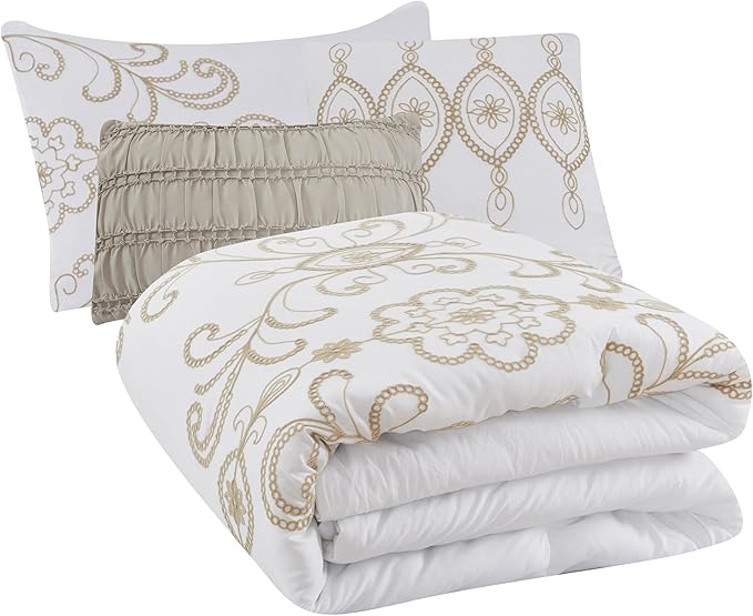 Modern Threads Sabrina Embroidered Comforter Set – 5 Piece White Bed Set with Gold Detailing, Decorative Pillows & Shams, Luxuriously Soft Jacquard Bedding, King