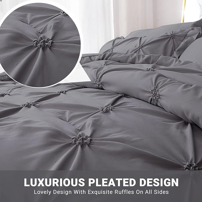 JOLLYVOGUE King Size Comforter Set 7 Pieces, Pintuck Dark Grey Bed in a Bag Comforter Set for Bedroom, Beddding Sets with Comforter, Sheets,Ruffled Shams & Pillowcases