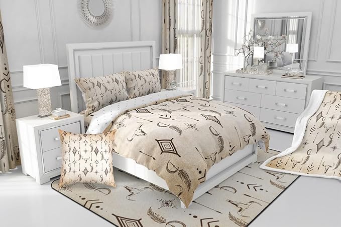Feelyou Bull Skull Western Comforter Set Ethnic Horns Boho Toddler Size Bedding Set for Kids Adult Black Brown Tribal Symbol Mysterious Aztec Comforter