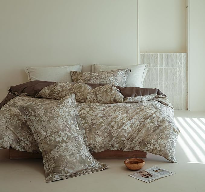 King Size Floral Comforter Set, 3Pcs Long Staple Cotton Duvet for All Seasons, Brown Botanical Print Bedding Set with 1 Lightweight Comforter and 2 Pillow Shams