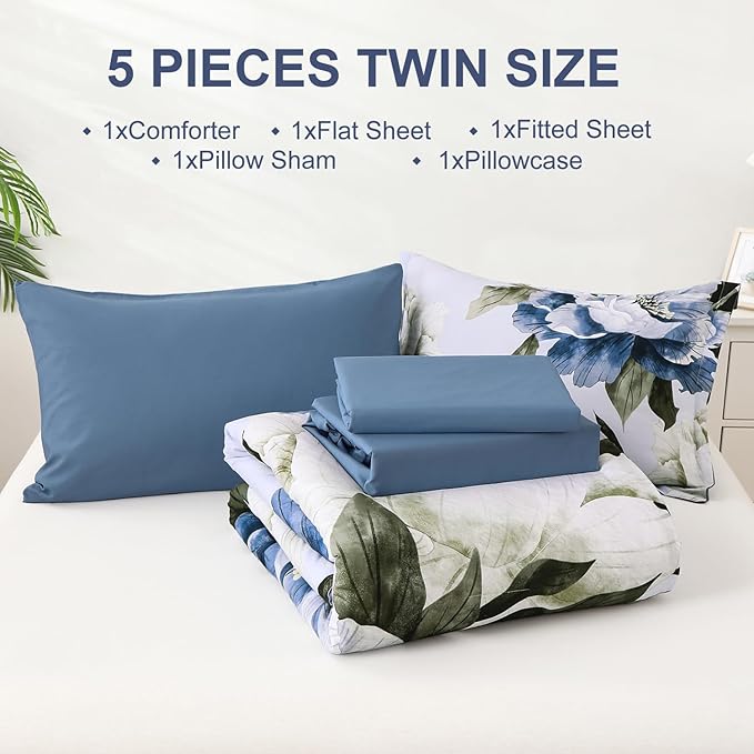 Dobuyly Blue Twin Comforter Set 5 Piece Bed in a Bag Twin Size, Blue Floral Print on Light Blue Comforter Set with Sheets, Soft Microfiber Complete Bedding Set for All Season