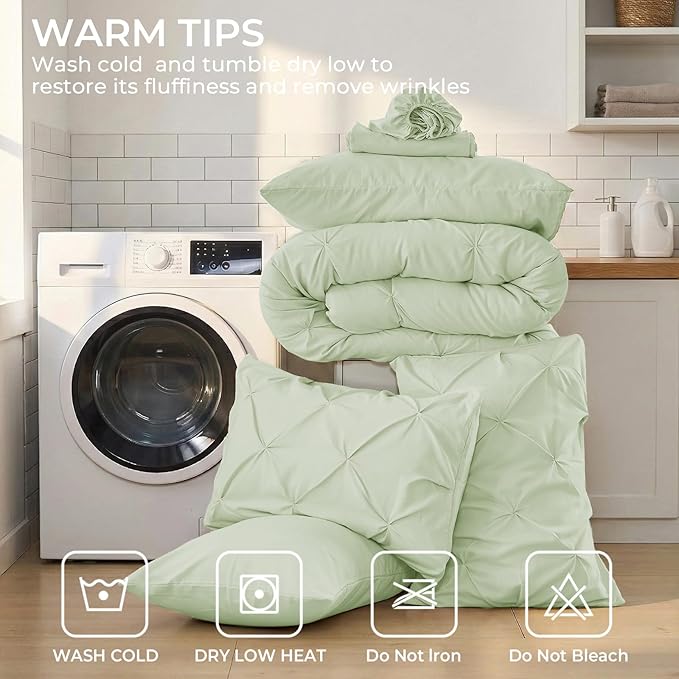 Sasttie Full Size Comforter Set, 7-Piece Bed in a Bag, Pintuck Bedding Sets for All Season, Includes Comforter, Flat Sheet, Fitted Sheet, Pillowcases and Pillowshams, Mint