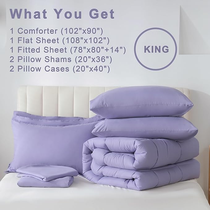 DOWNCOOL King Size Comforter Set, 7Pcs Bedding Comforter Sets Purple, All Season Down Alternative Bedding Comforter Sets with Comforter, Flat Sheet, Fitted Sheet, 2 Pillow Shams & 2 Pillowcases
