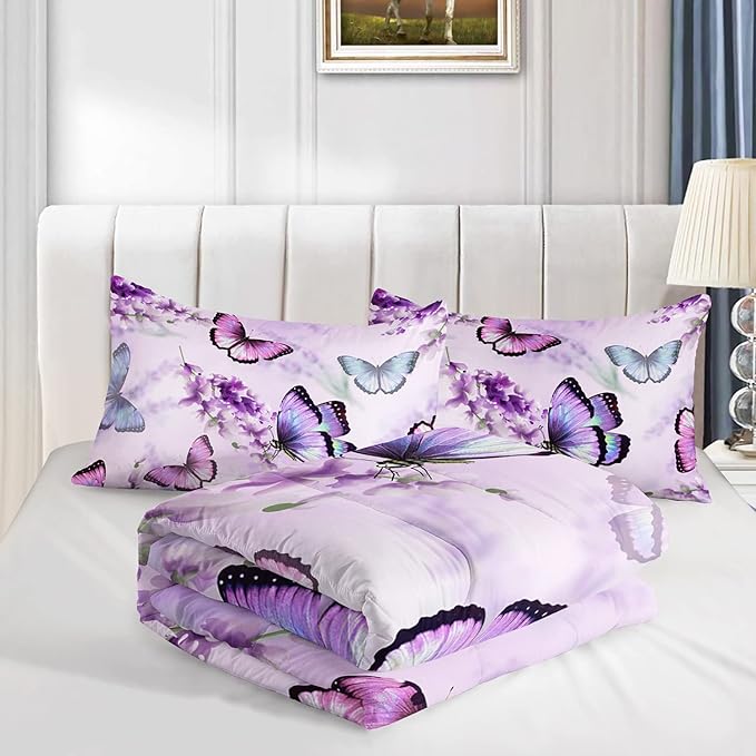 Lavender Butterfly Comforter Set for Girl Kid Adult Colorful Butterfly Pattern Bedding Set Aesthetics Butterflies Quilt Bed Set Full Size with 1 Comforter and 2 Pillowcases