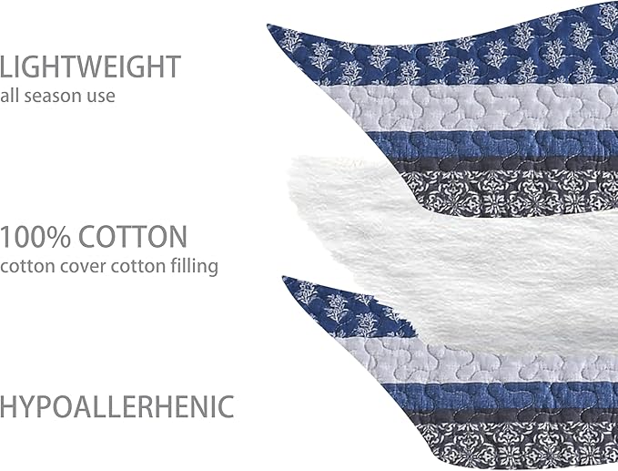 Homzard Quilt Bedding Set King Size,100% Cotton King Size Comforter Set,Gray Blue Quilts Bedspread for The Bed, Striped Farmhouse Lightweight Bedding (106 * 98 Inch) and 2 Pillow Shams All Season